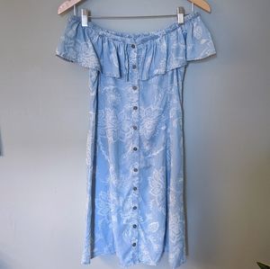 Boho Light Denim Dainty Floral Off Shoulder Dress